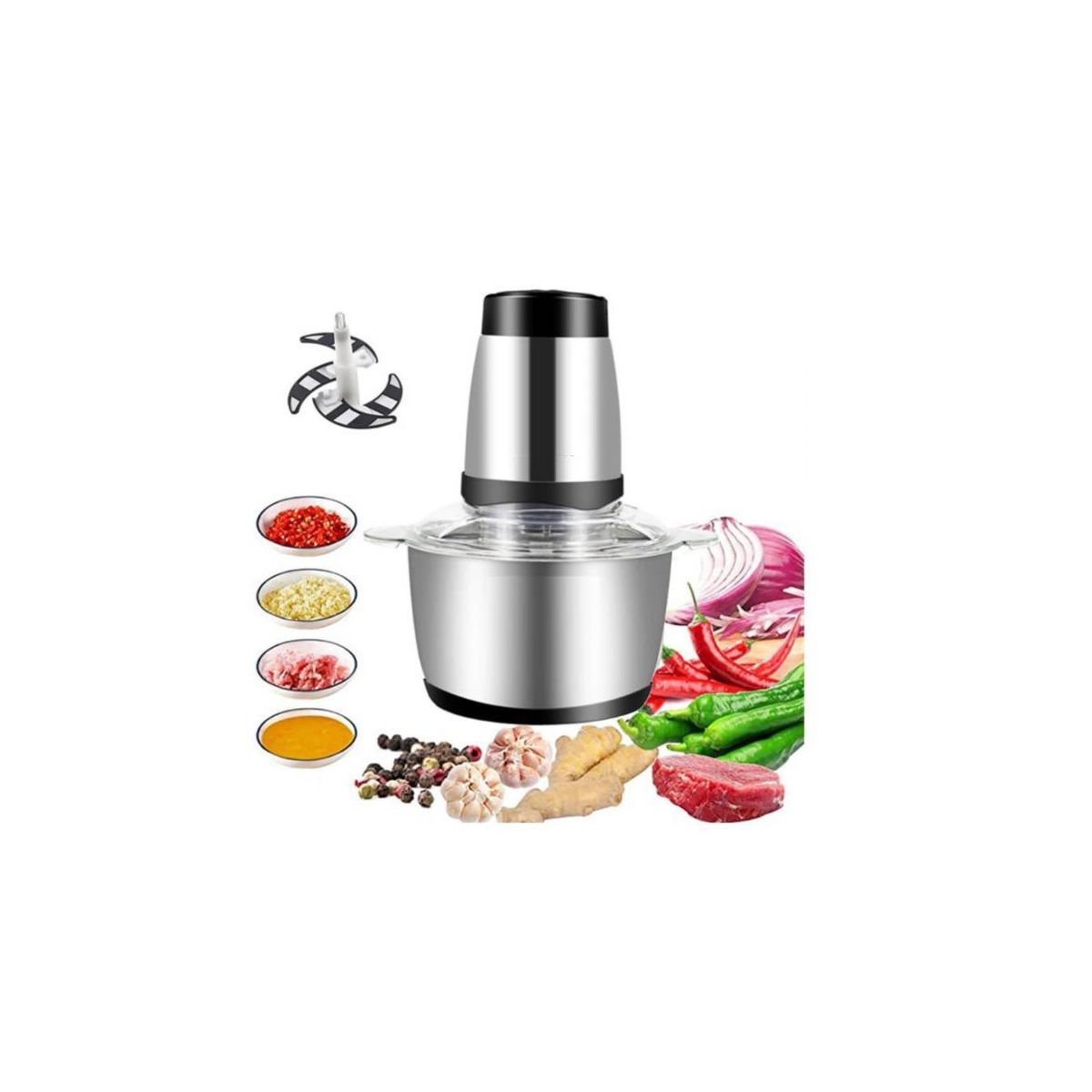 GENERICO - Picatodo de Alimentos Electrico de 2 Litros  Acero Inoxidable