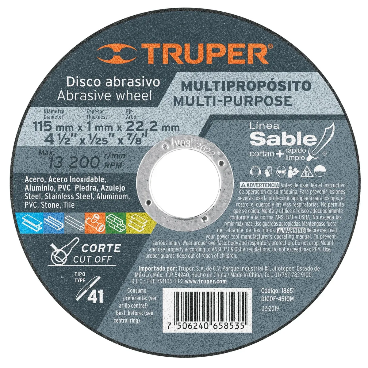 TRUPER - Disco de corte multimaterial  4-1/2" x 1 mm,  profesional Truper