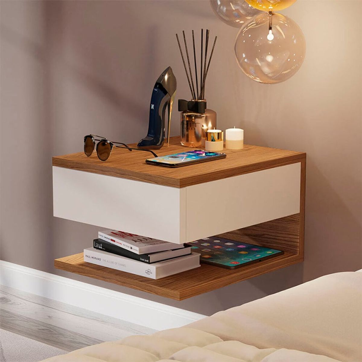 TU MESITA - Velador Flotante Contemporáneo Miró Marrón-Blanco 34 cm TU MESITA