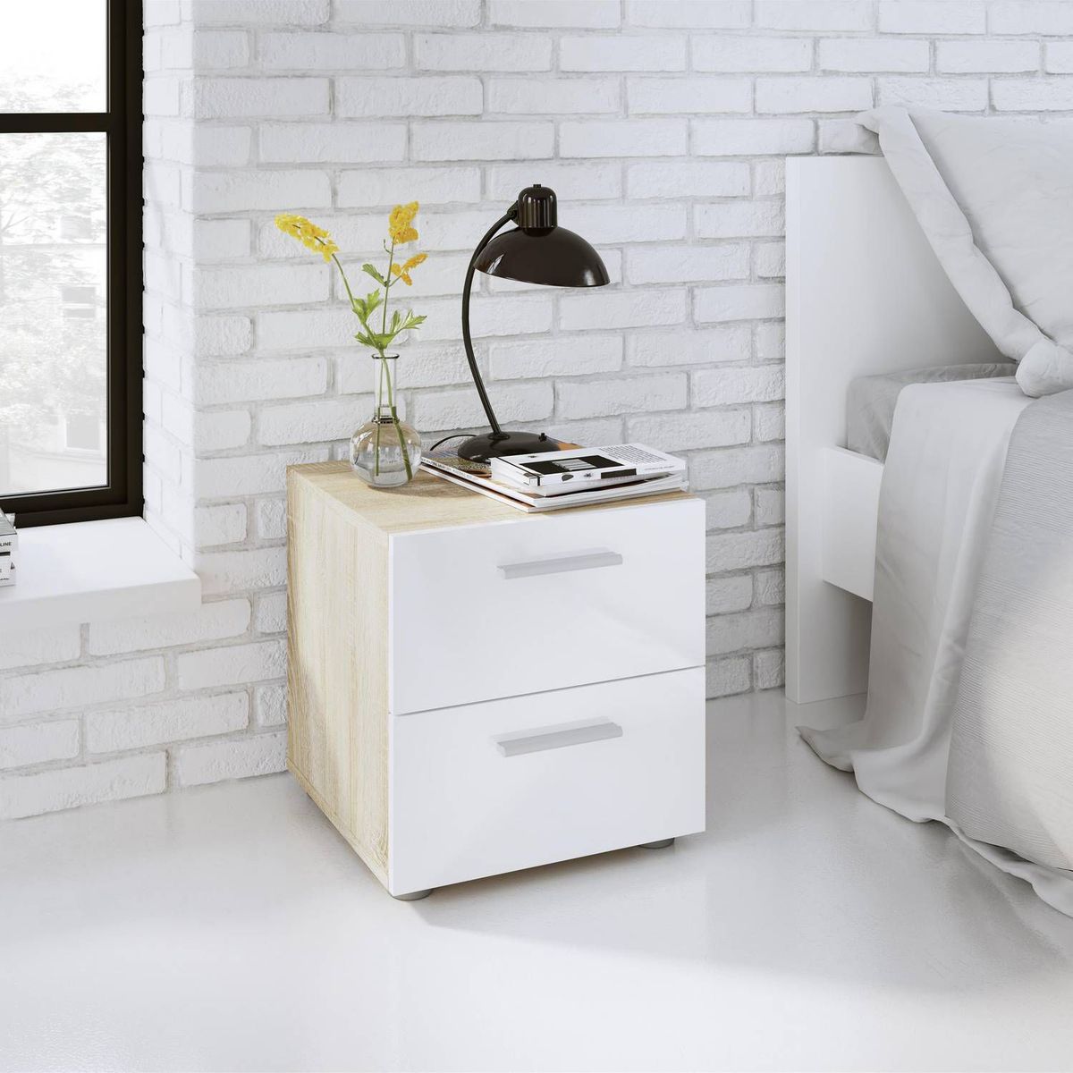 TU MESITA - Velador Moderno Sebarts 2 Cajones Blanco TU MESITA