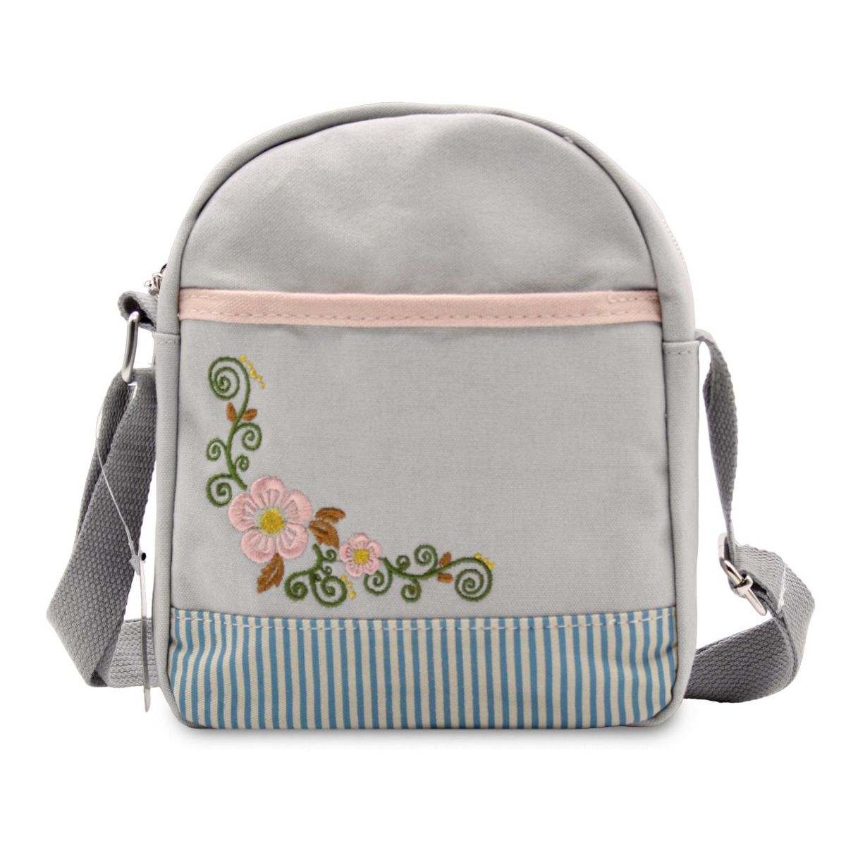 MUNAIQUI - Morral para dama color Gris con flores de lona algodonada