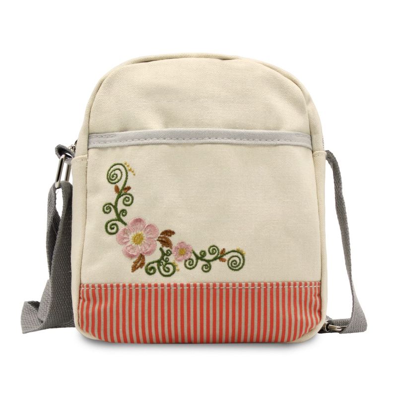 MUNAIQUI - Morral para dama color Beige con flores de lona algodonada