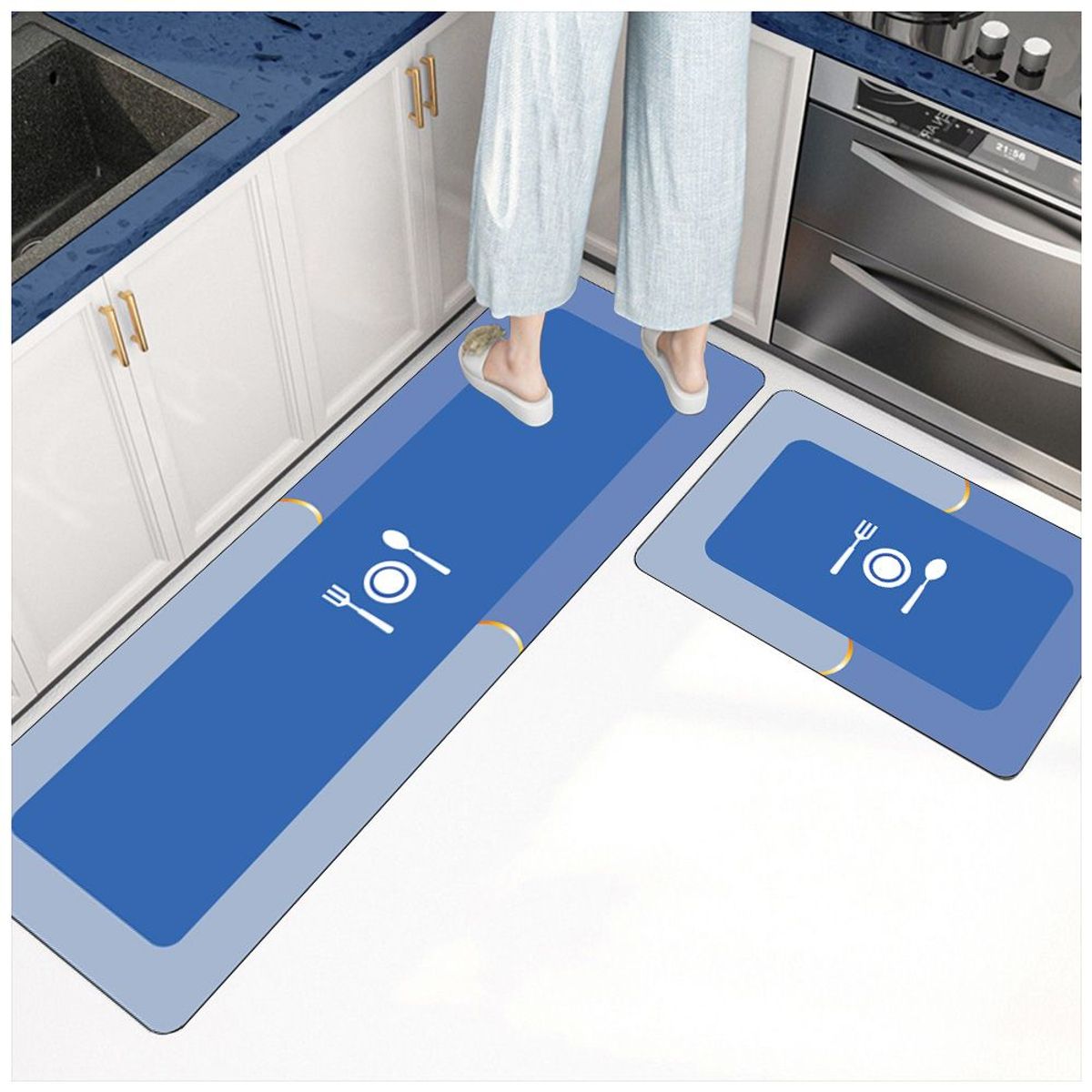 KELLER - Set de 2 Alfombra Antideslizante Piso de Cocina Celeste SJ6