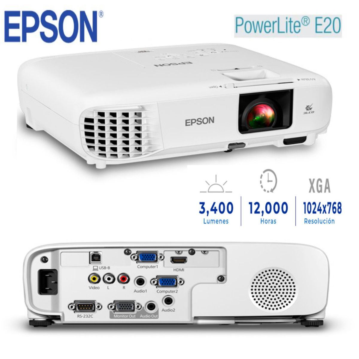 EPSON - Proyector Epson PowerLite E20, 3400 Lúmenes, 1024x768 XGA HDMI