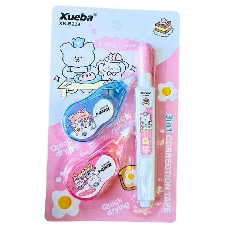 GENERICO - Set de 2 correctores en cinta y un corrector liquido Kawaii