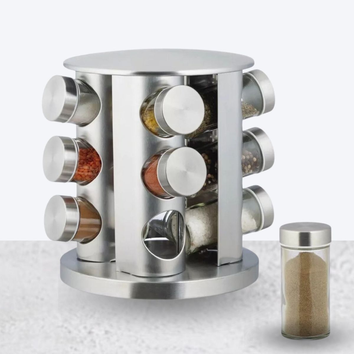 ICHIMATSU - Especiero giratorio Acero Inoxidable 12 tarros  plateado