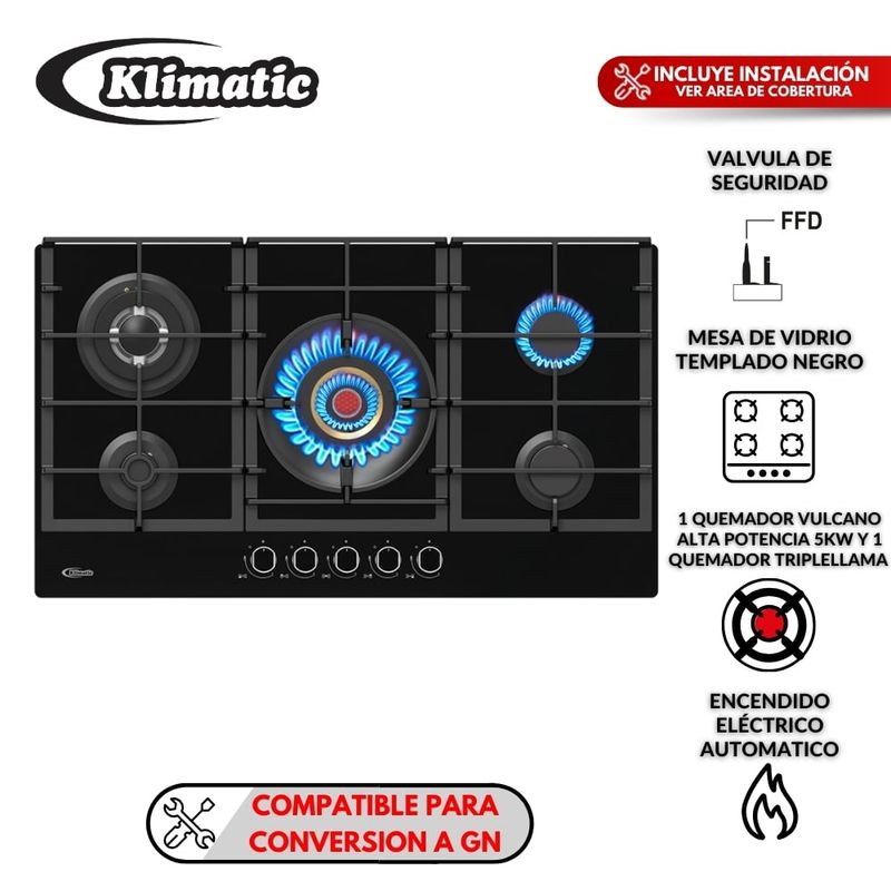 KLIMATIC - Cocina Empotrable a Gas 5 Hornillas Vulcano 5 Marca Klimatic