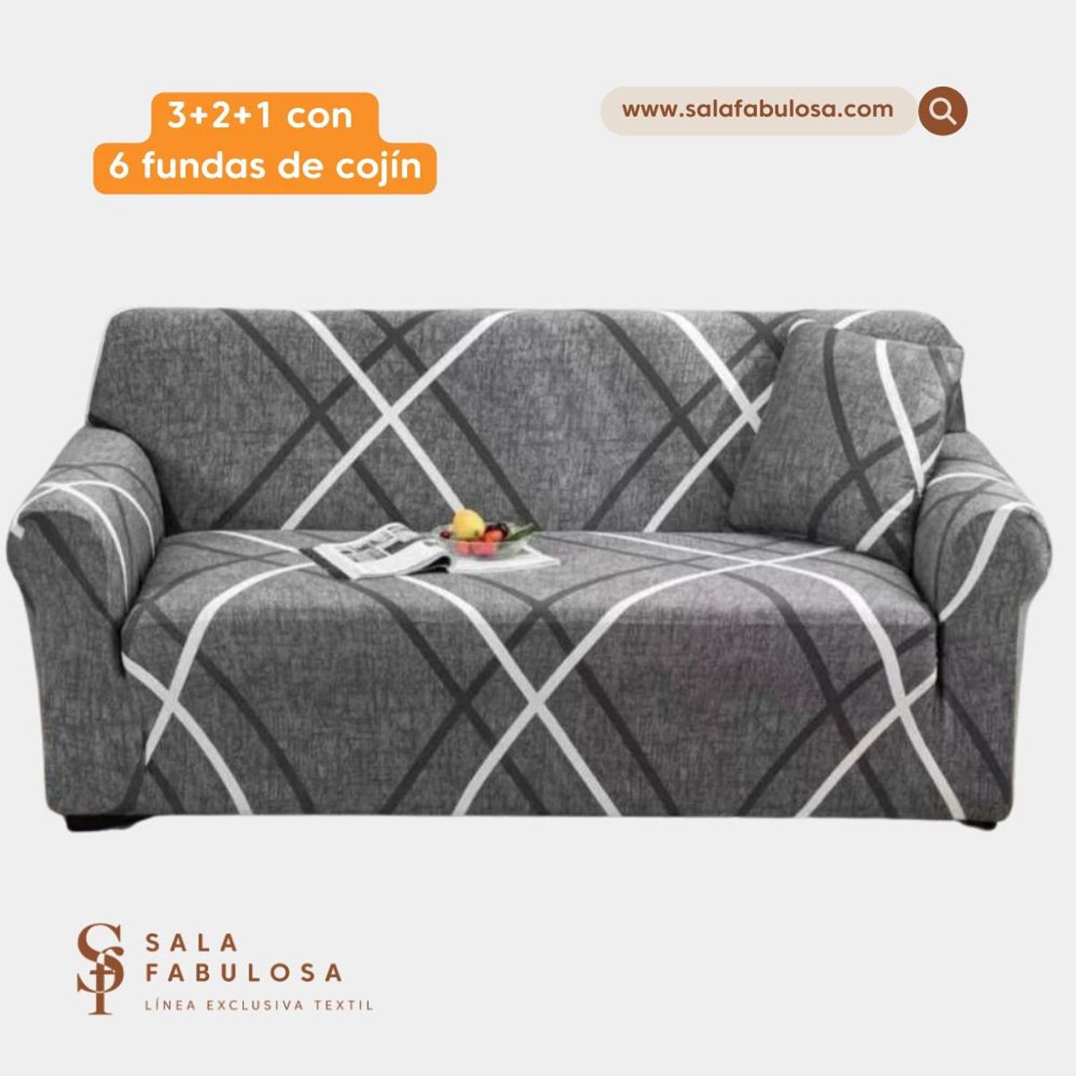 SALA FABULOSA - Funda de mueble 3-2-1 con 6 fundas de cojines Lycra Gray line