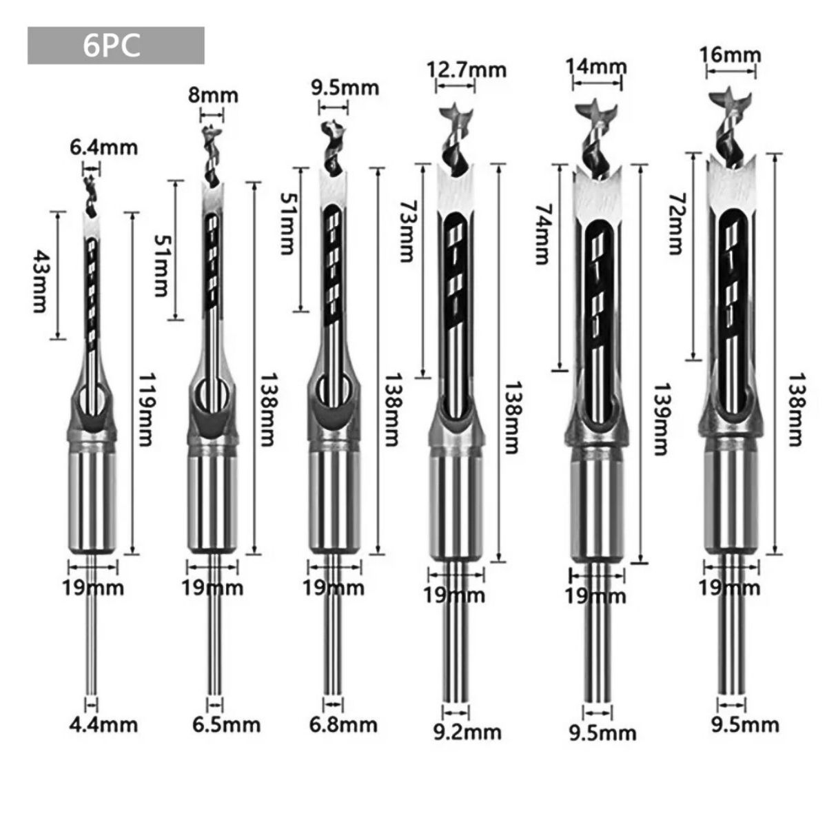 GENERICO - SET DE 6 BROCAS CUADRADAS DE MORTAJA PARA CARPINTERIA 6.4 MM  A 16 MM.