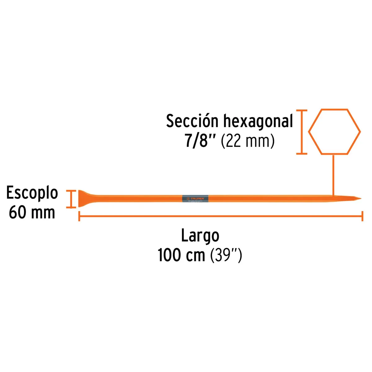 TRUPER - Barreta de punta de 7/8" x 100 cm, escoplo 60 mm, Truper