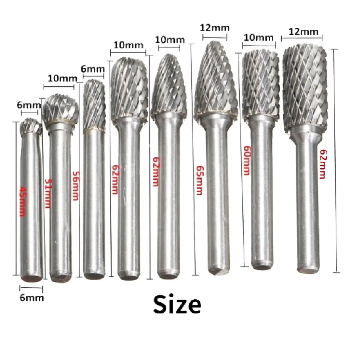 GENERICO - JUEGO DE 8 LIMAS ROTATIVAS DE CARBURO DE TUNGSTENO DE DOBLE CORTE