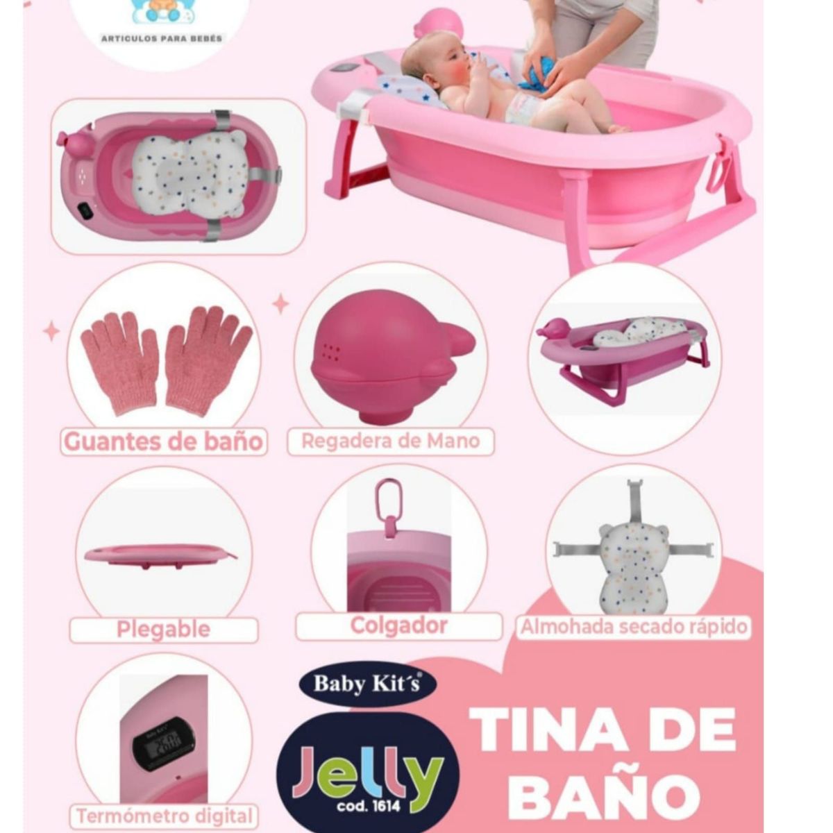 BABY KITS - Bañera para Bebe con Termómetro JELLY Guantes y Rociador