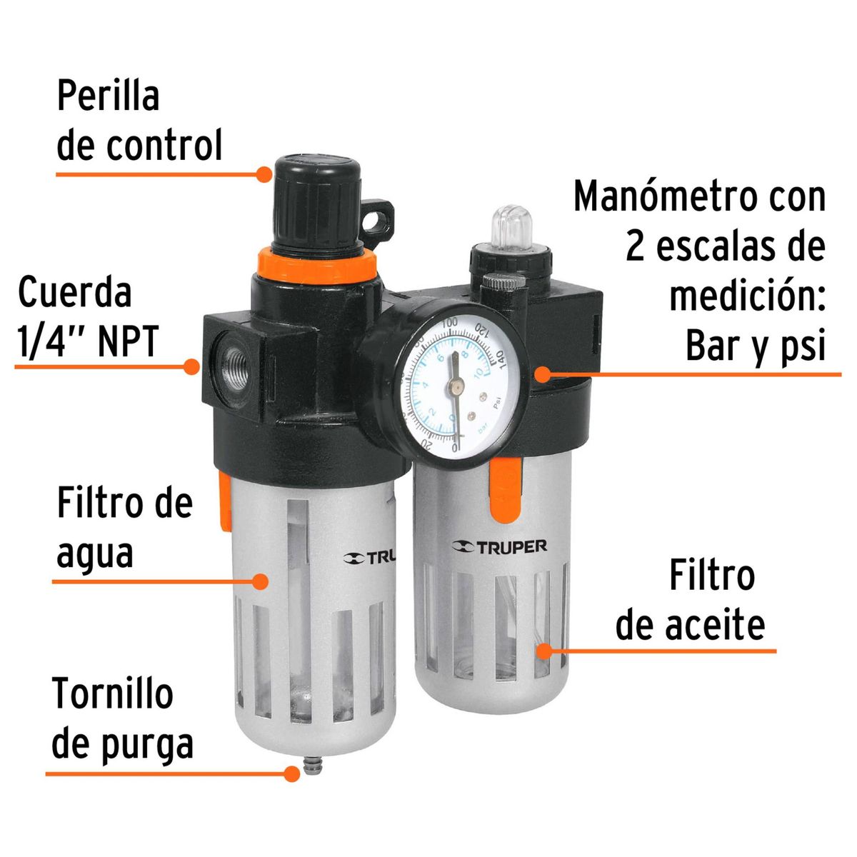 TRUPER - Filtro y regulador de aire con módulo de lubricación Truper