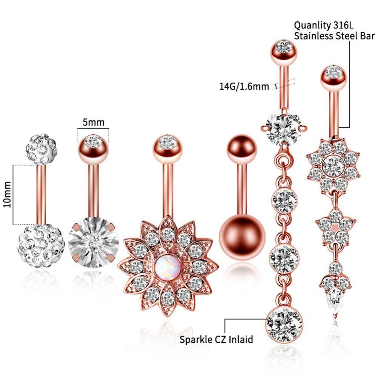 BAALATHKKO5 - Juego De Aretes De Ombligo De Acero Para Mujer 6 Piezas