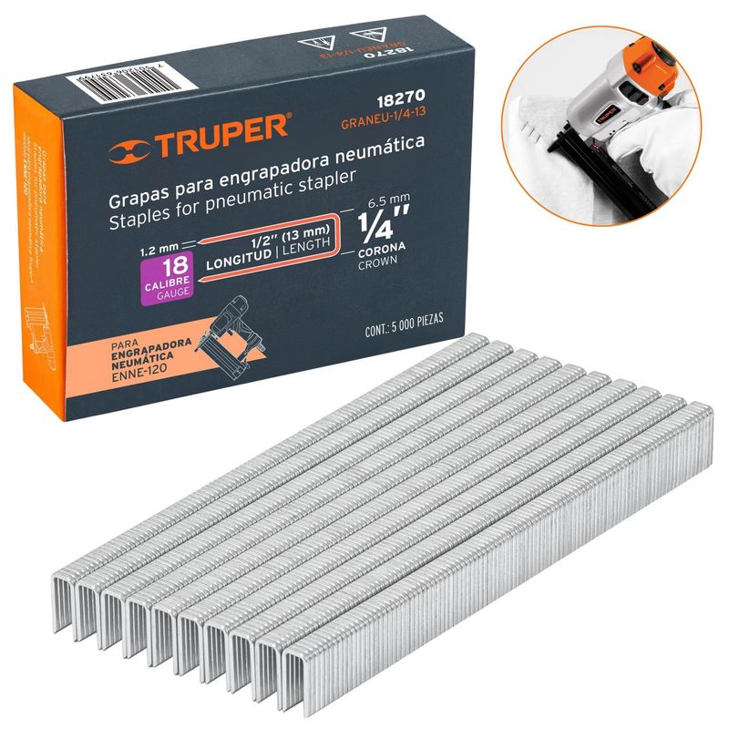 TRUPER - GRAPAS PARA ENGRAPADOR NEUMATICO corona 1/4" calibre 18, 5000 UNIDADES