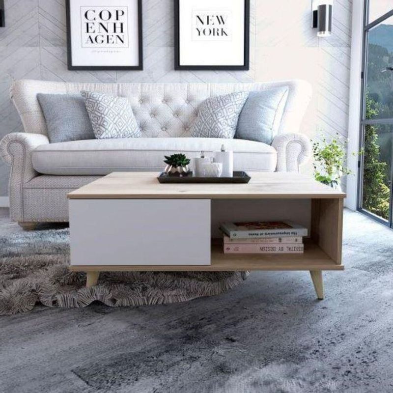 TU MESITA - Mesa De Centro Rosalia Café Claro y Blanco con Puerta