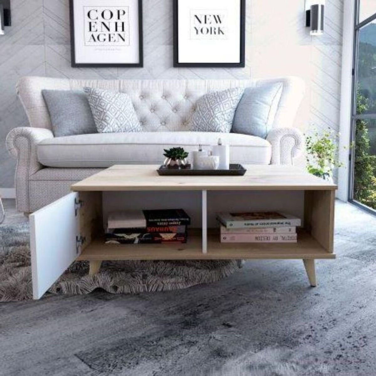 TU MESITA - Mesa De Centro Rosalia Café Claro y Blanco con Puerta