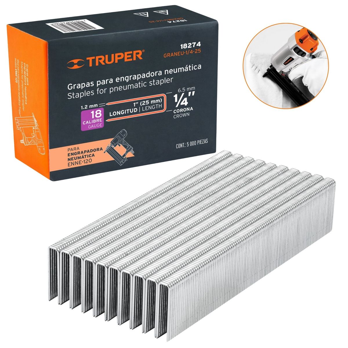 TRUPER - GRAPAS PARA ENGRAPADOR NEUMATICO calibre 18, 25mm, 5000 UNIDADES