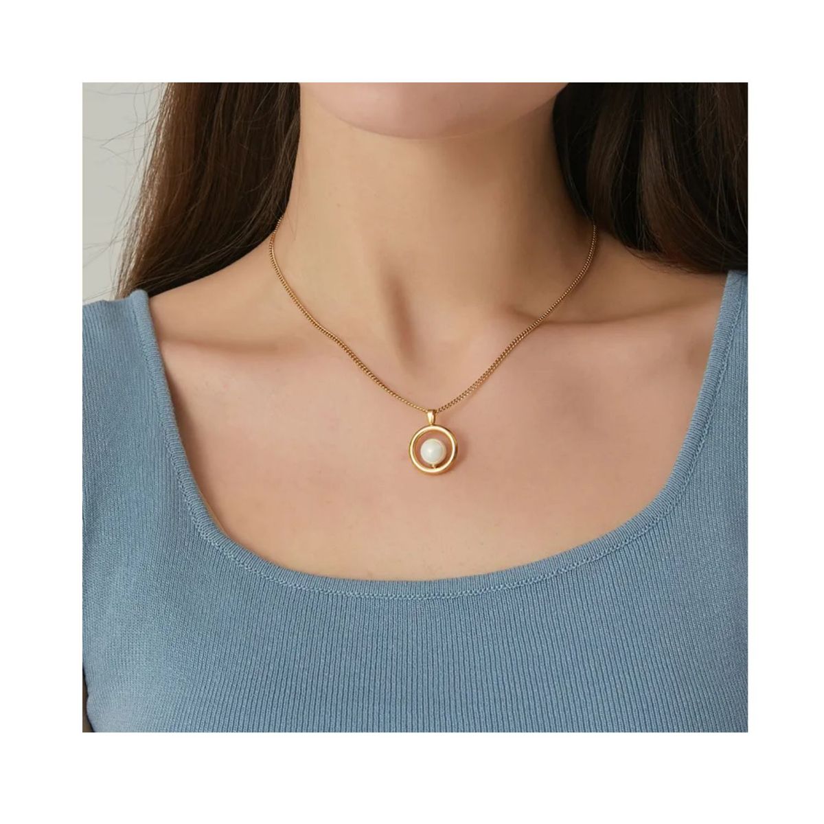 GENERICO - Collar Colgante de Moda con Perla Embutida en Acero Titanio