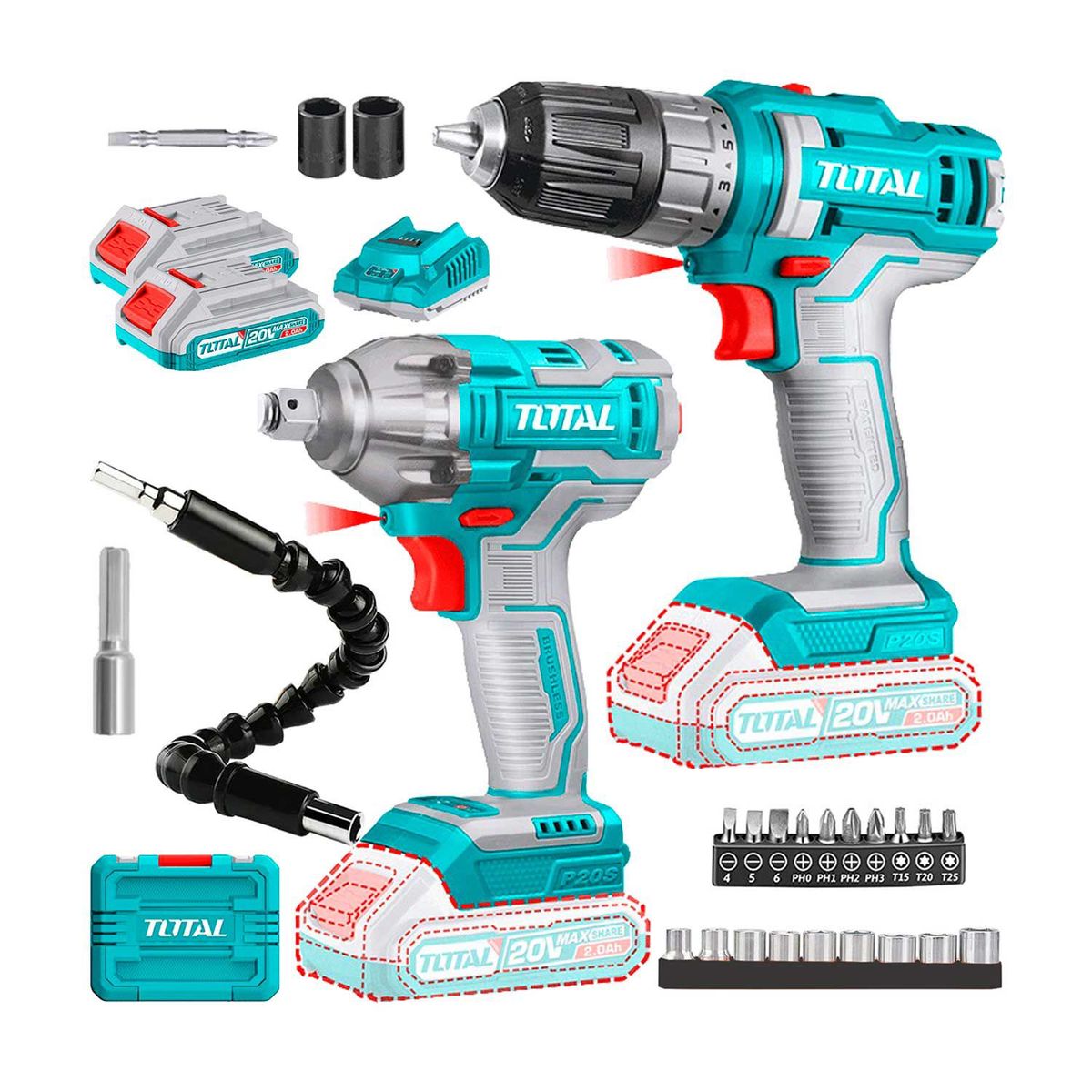 TOTAL TOOLS - SET TALADRO ATORNILLADOR LLAVE IMPACTO TOTAL EXTENSOR PUNTAS