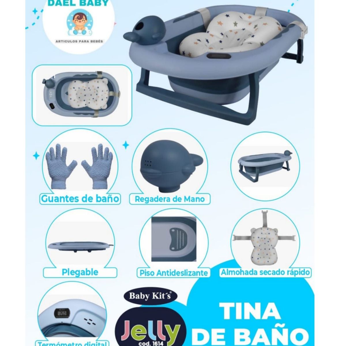 BABY KITS - Bañera para Bebe con Termómetro JELLY Guantes y Rociador