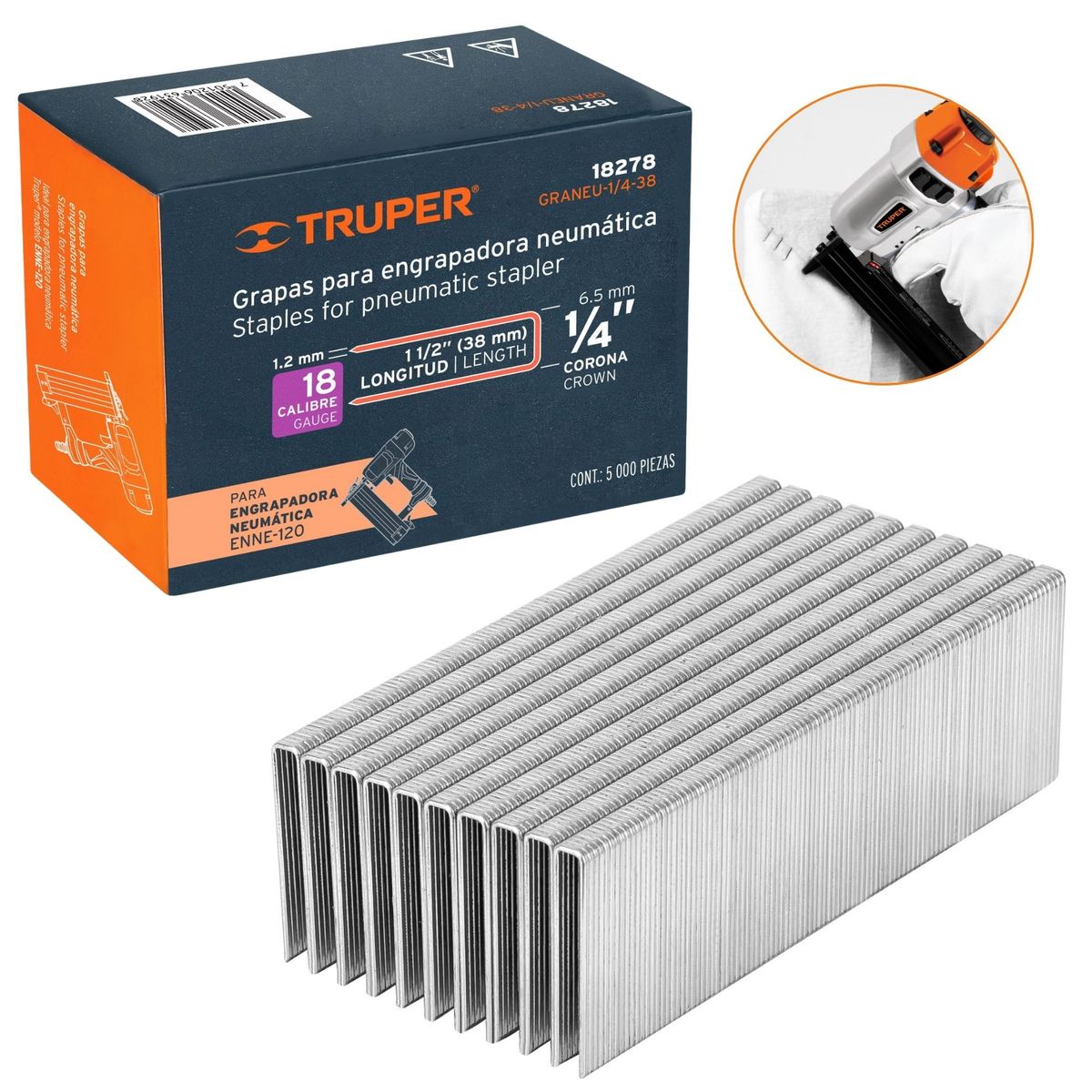 TRUPER - GRAPAS PARA ENGRAPADOR NEUMATICO calibre 18, 38mm, 5000 UNIDADES