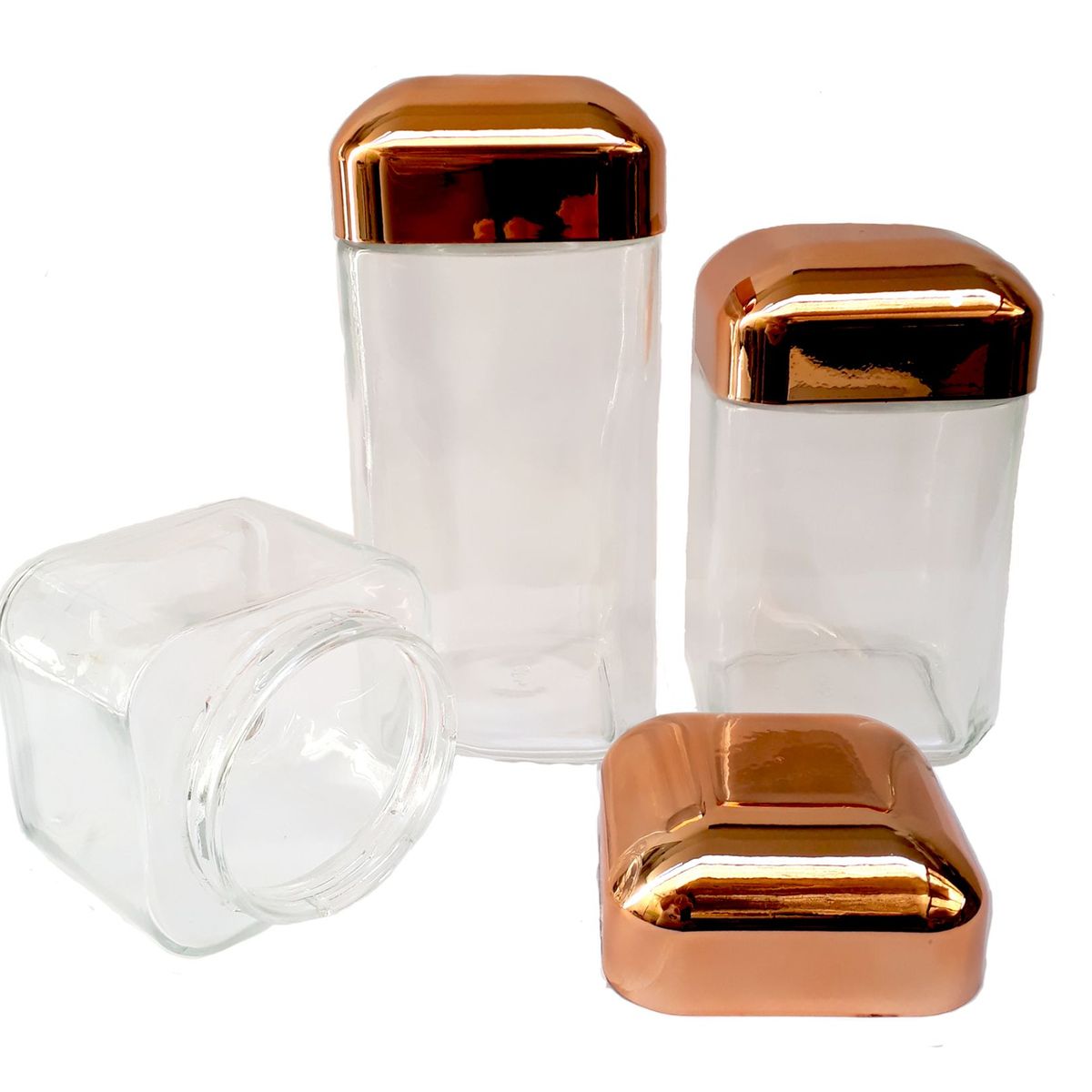 ICHIMATSU - Set De 3 Frascos De Vidrio Cuadrado Con Tapa Dorada