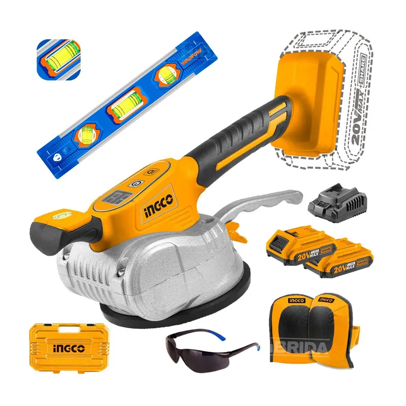 INGCO TOOLS - VENTOSA VIBRADOR 50KG MAYÓLICA 20V  MINI NIVEL MAGNÉTICO 9PULGADAS