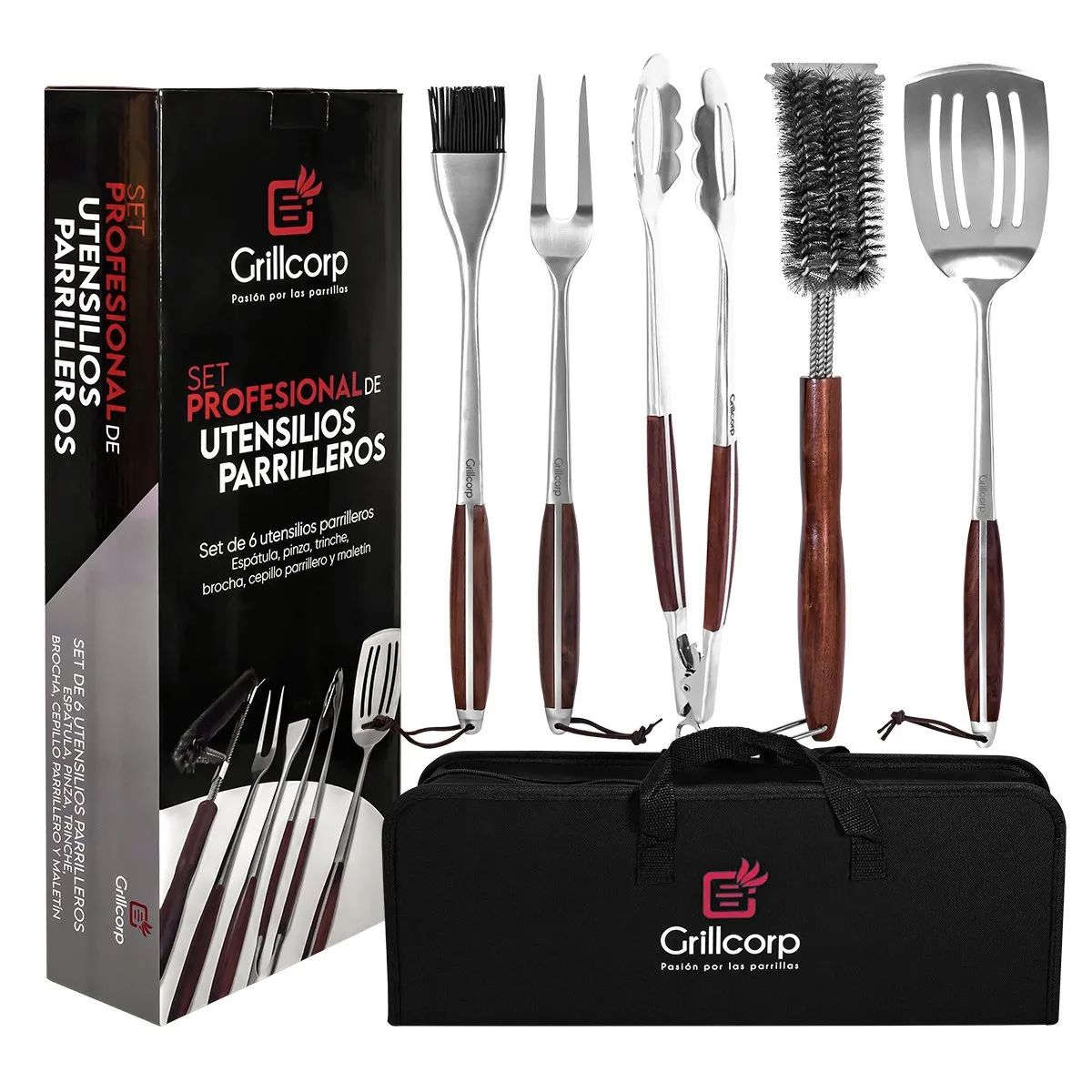 GRILLCORP - Set de Utensilios parrilleros Profesionales Grillcorp de 6 piezas