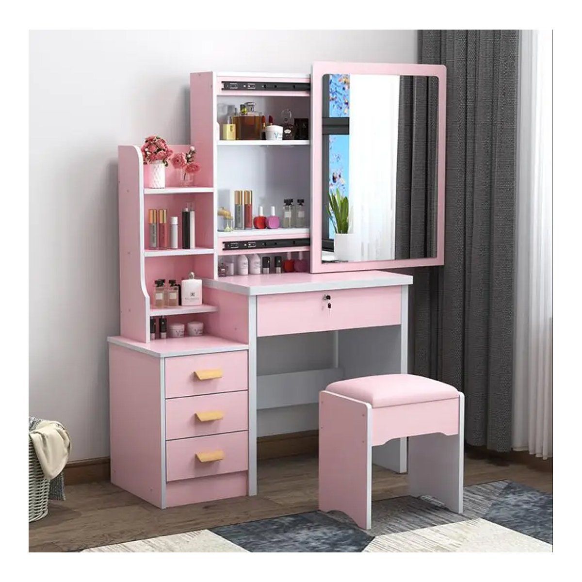 GENERICO - Tocador de Maquillaje Con Espejo Con Taburete Para Dormitorio Rosado