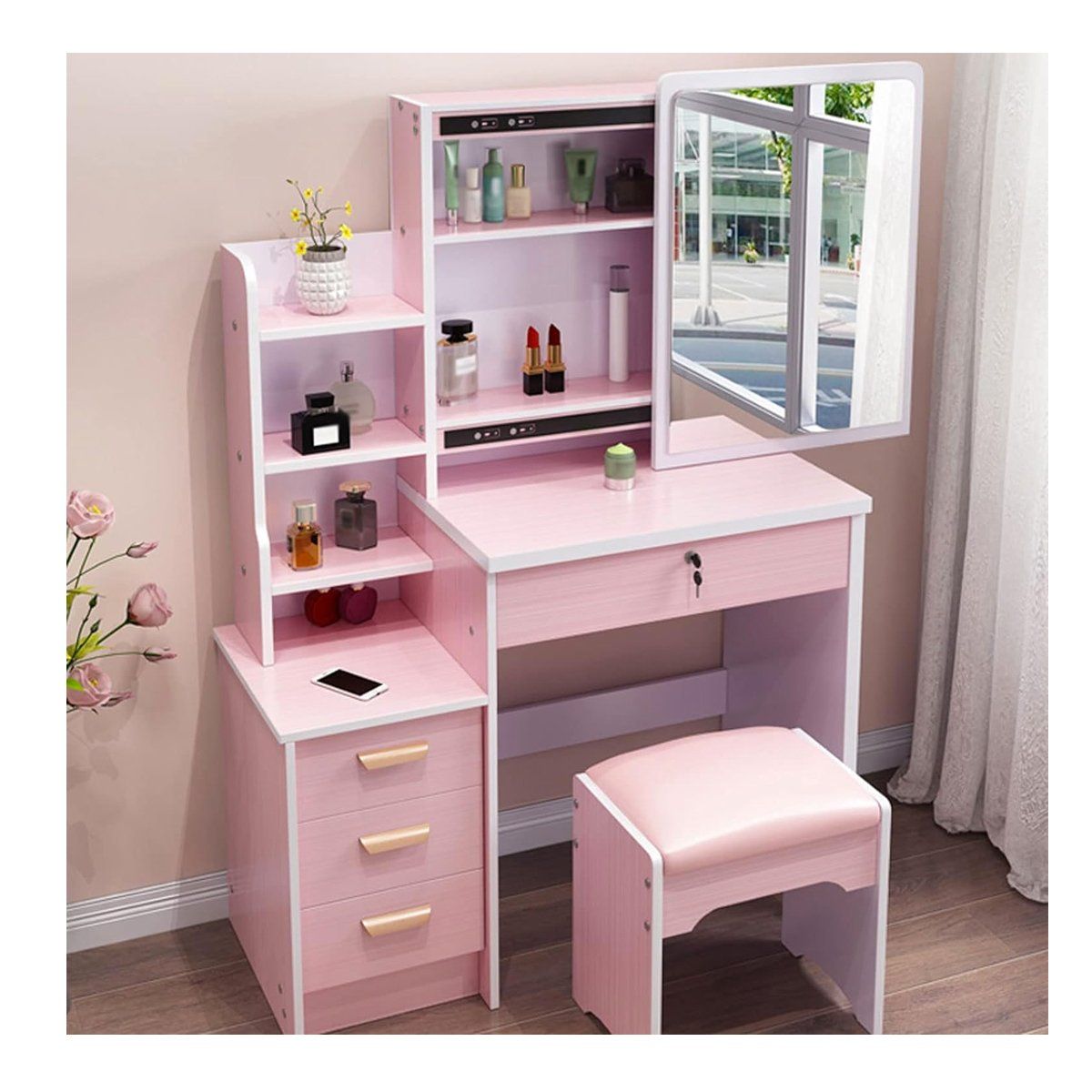 GENERICO - Tocador de Maquillaje Con Espejo Con Taburete Para Dormitorio Rosado