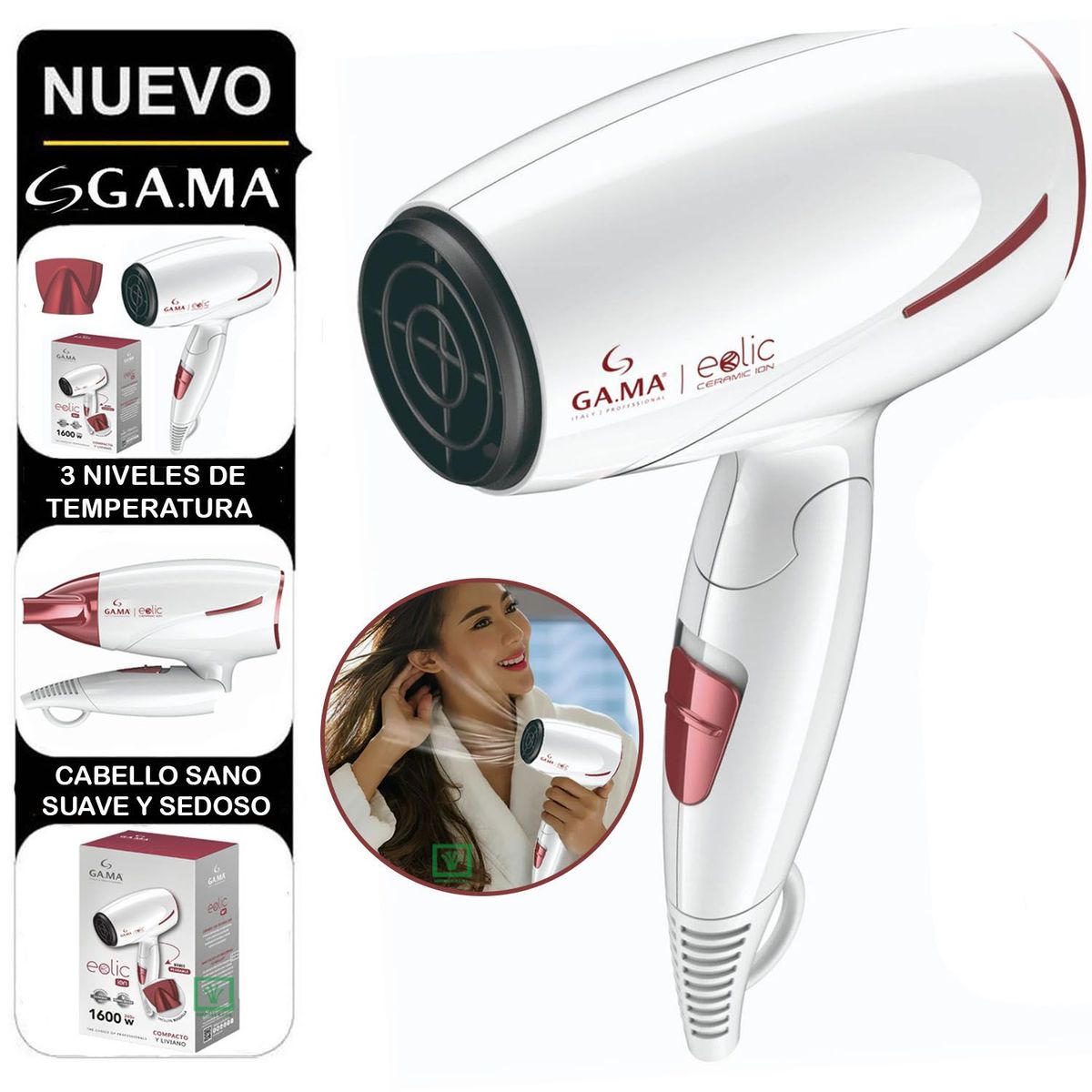 GAMA - Secadora de Cabello Eolic 1600W Plegable Ceramic Ion