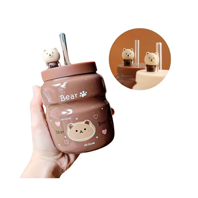 GENERICO - Vaso Tomatodo De Ceramica De 500ml Con tapa Y Sorbete Kawai Bear 2