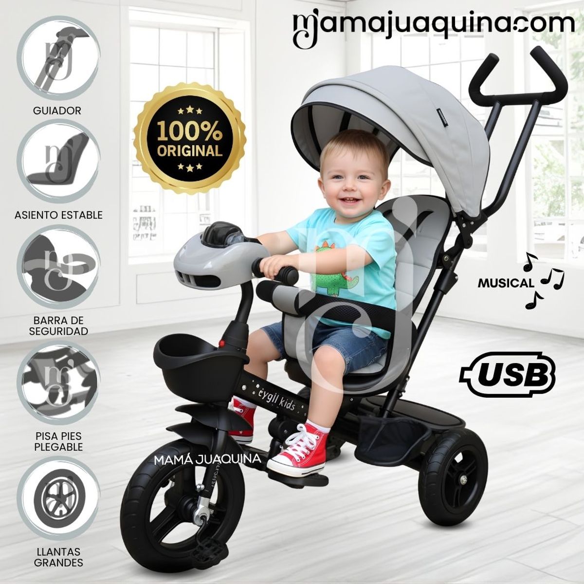 KIDS - Triciclo Guiador Kids «CUTE AVENTURE» Gray