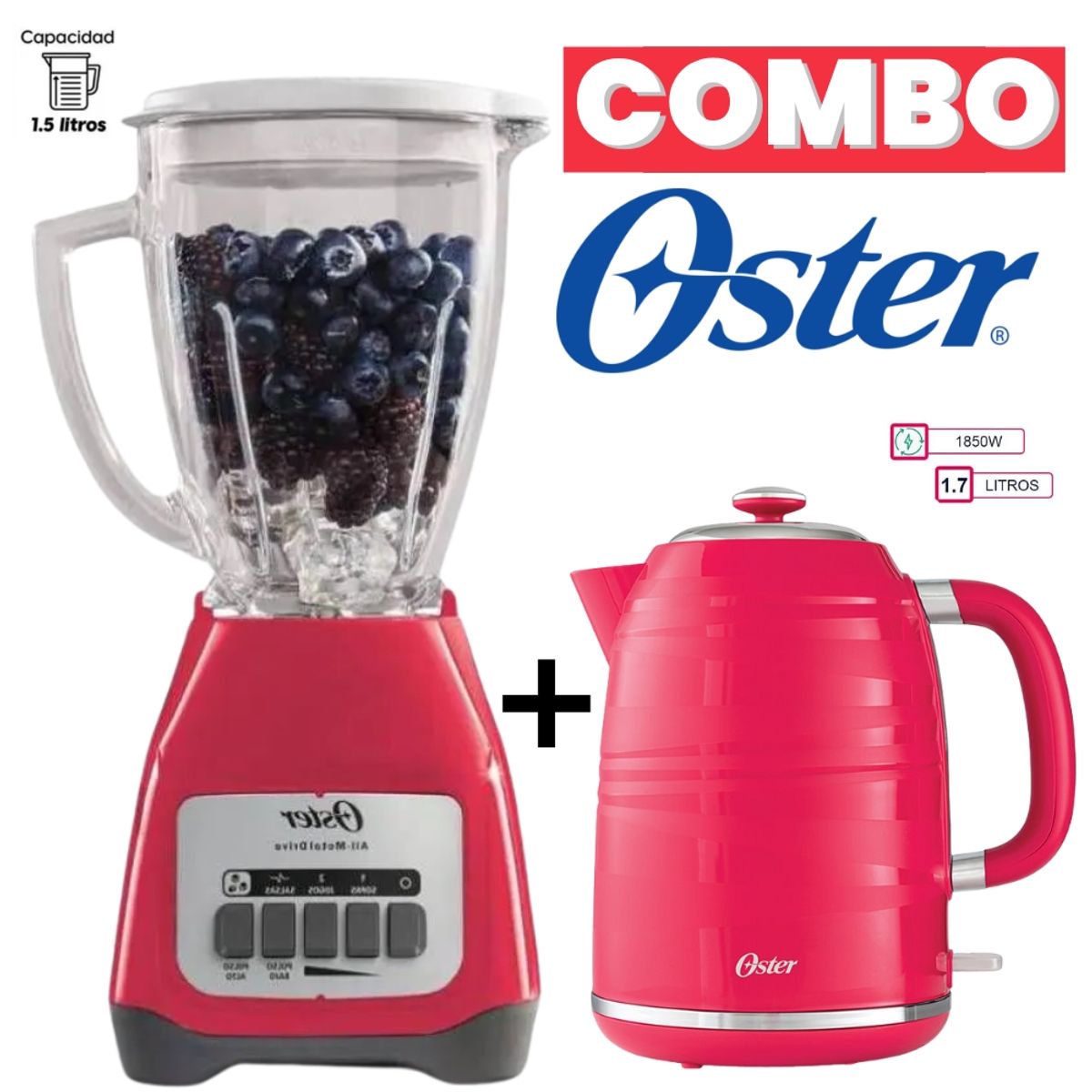 OSTER - COMBO ROJO OSTER LICUADORA 15LT + HERVIDORA 17LT MOD BLSTKAGMPB