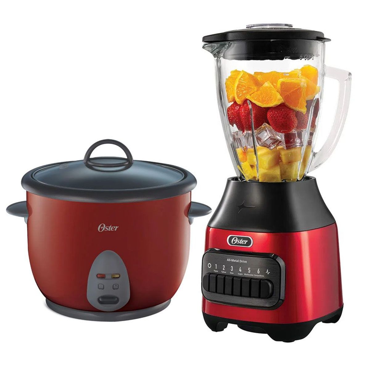 OSTER - Combo Licuadora de 800w 6 Velocidades Oster + Olla Arrocera 1.8 L Rojo