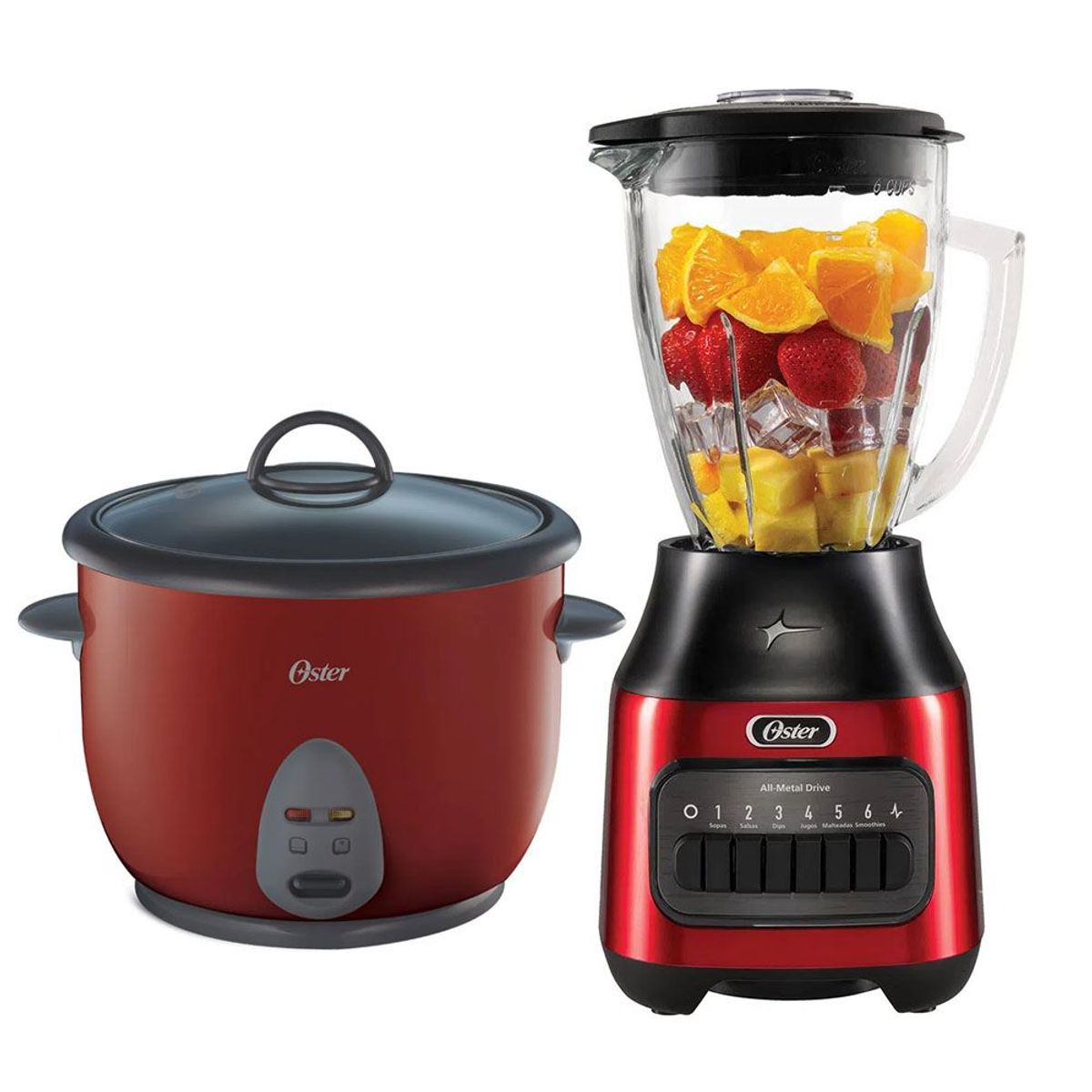 OSTER - Combo Licuadora de 800w 6 Velocidades Oster + Olla Arrocera 1.8 L Rojo