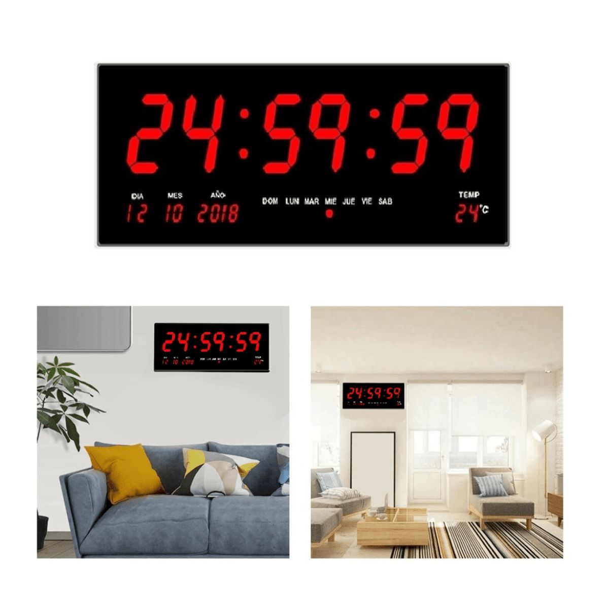 GENERICO - RELOJ DIGITAL 46x22 de PARED LED con TEMPERATURA Y CALENDARIO