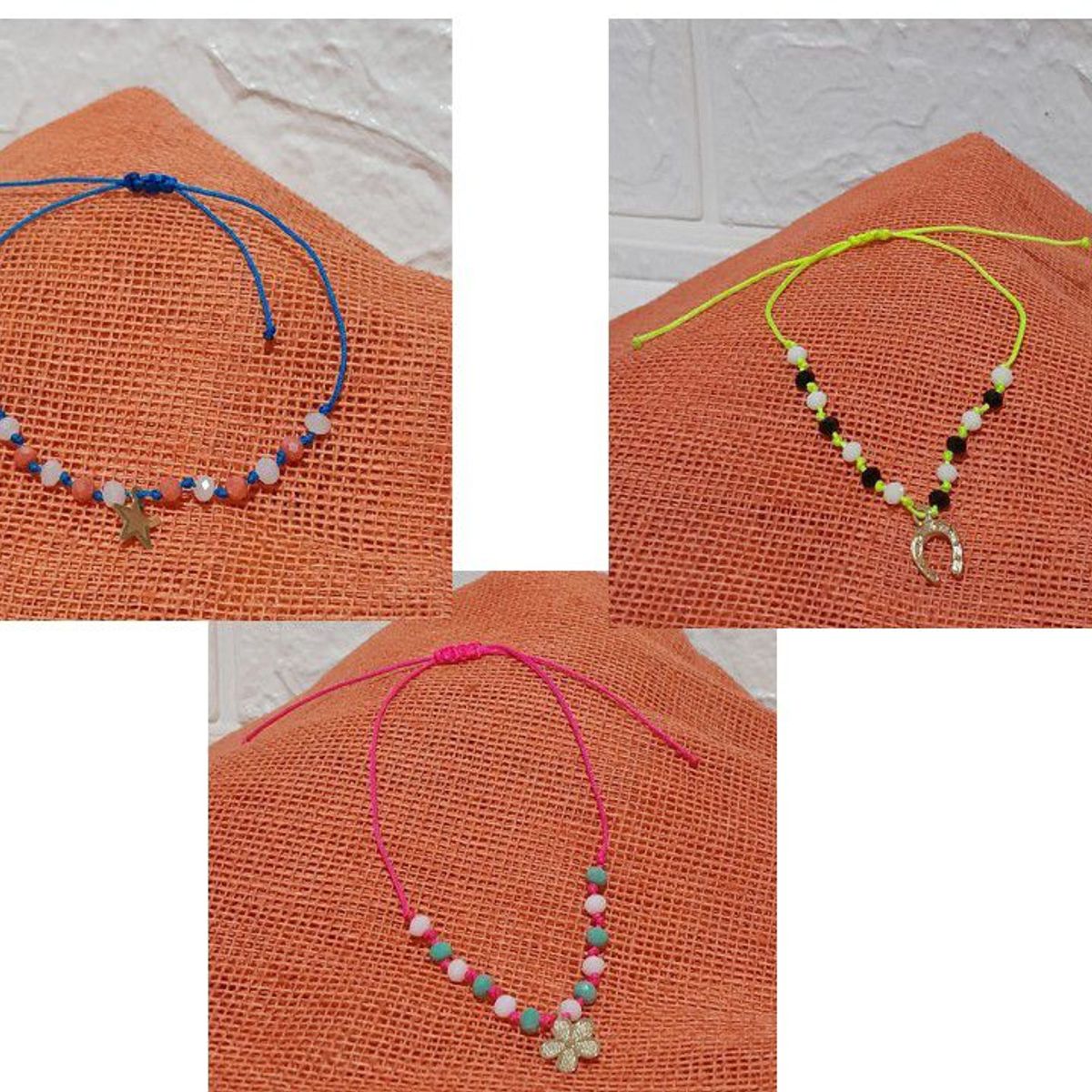 GENERICO - TRIO DE PULSERAS DE HILO CRISTALES Y DIJE AJUSTABLES