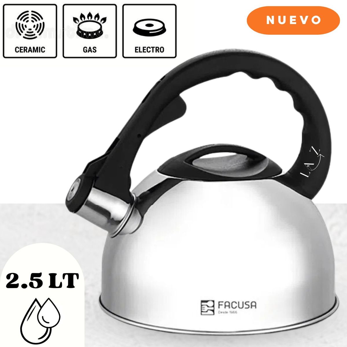 FACUSA - Tetera Elegante  de Acero Inoxidable con Silbador  2.5 Lt