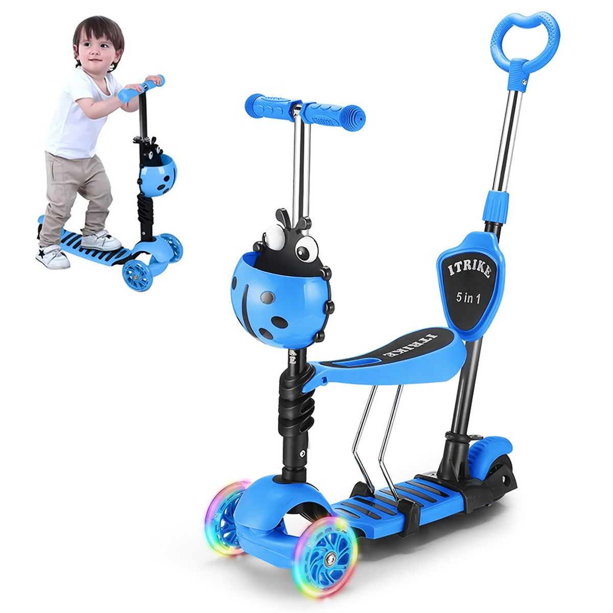 KELLER - Scooter 5en1 Monopatín Mariquita Graduable Niños Celeste 36P