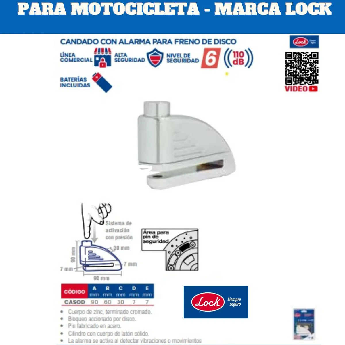 SURTEK - CANDADO ALARMA FRENO DISCO PARA MOTOCICLETA LOCK - LOCKCAS0D