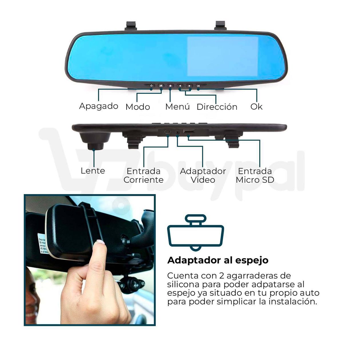 GENERICO - Espejo Retrovisor Con Camara Delantes y Trasero Con Vision Nocturna