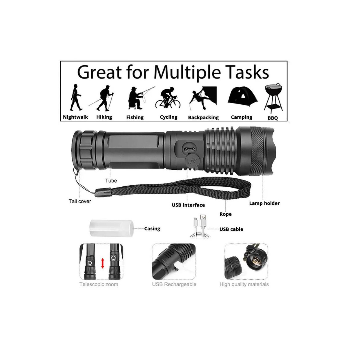 GENERICO - Linterna Recargable de Luz Fuerte 2000M Potente USB Zoom Telescópico