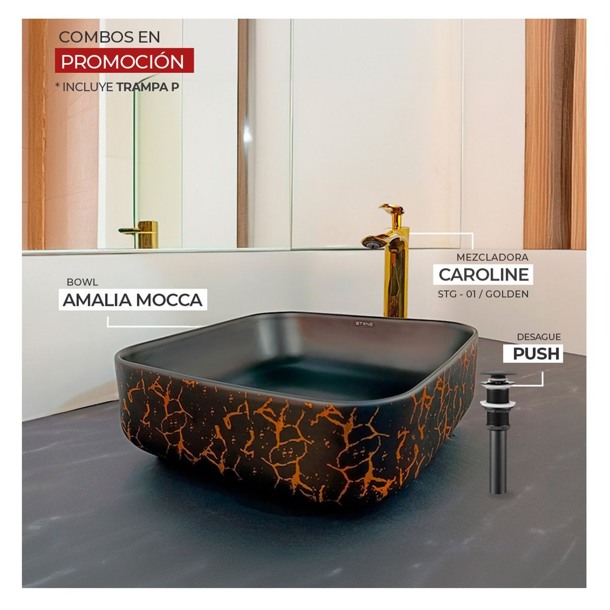 STONE - COMBO BOWL  AMALIA MOCCA + CAROLINE STG + DESAGUE + TRAMPA P  STONE