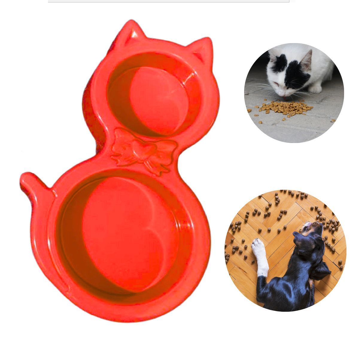 GENERICO - PLATO DOBLE PARA MASCOTA FORMA DE GATO - ROJO