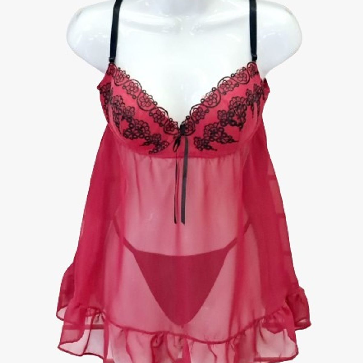 GENERICO - Baby Doll Rojo con copa lisa Bordado a mano Talla M 34B  De Alcoba