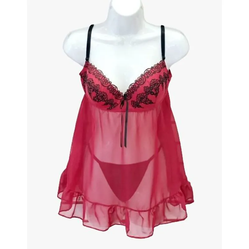 GENERICO - Baby Doll Rojo con copa lisa Bordado a mano Talla M 34B  De Alcoba