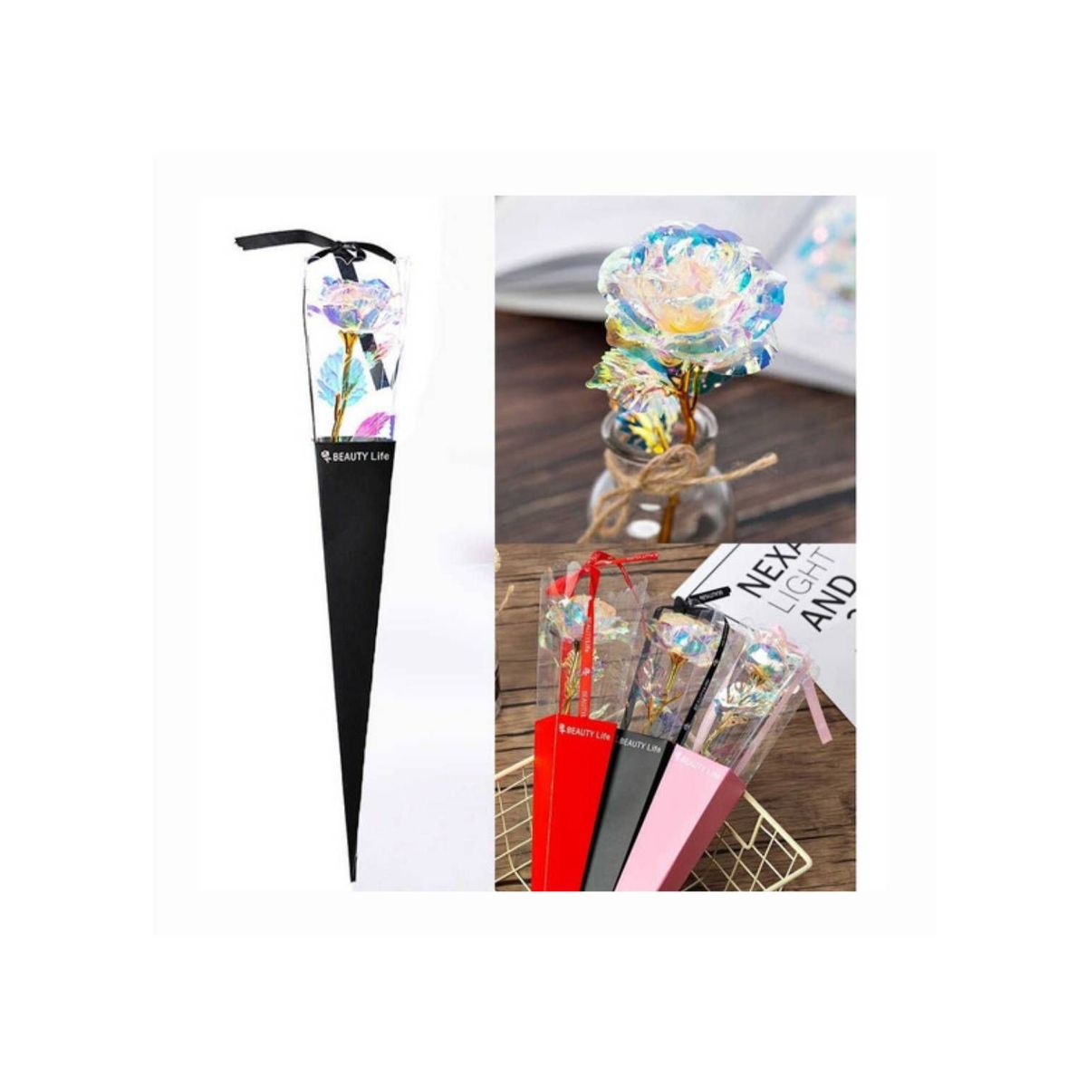 GENERICO - Pack 3 Rosas Colores Tornasol Con Luz Led Beauty Life