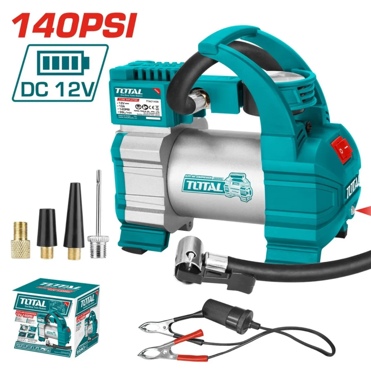 TOTAL TOOLS - Minicompresora 12v 140Psi con accesorios Total